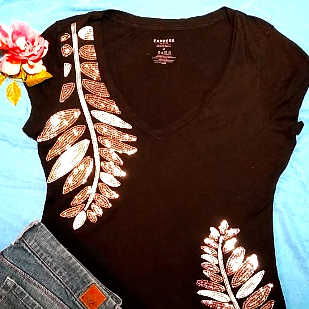 °Express black V neck Tee w/ sequins
